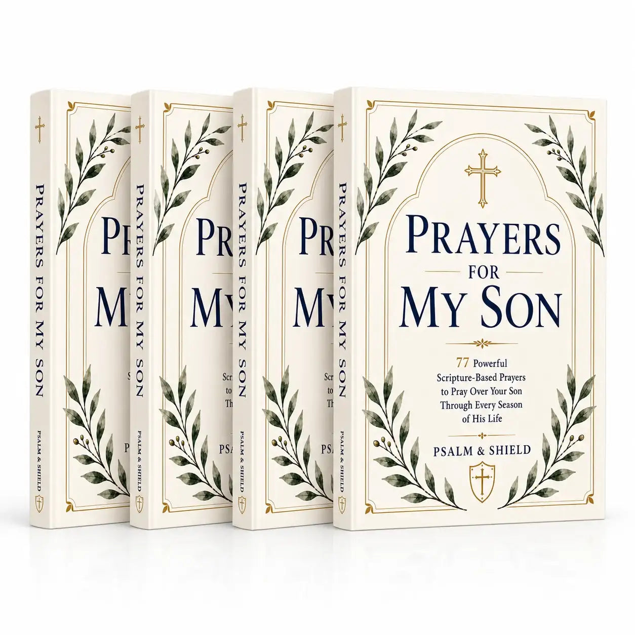 Prayers for My Son book with scripture-based prayers, olive branches, and gold cross design
