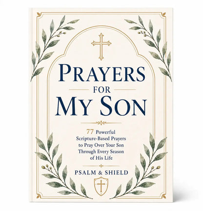 Prayers for My Son book with 77 scripture-based prayers, gold cross, leafy design, Psalm & Shield