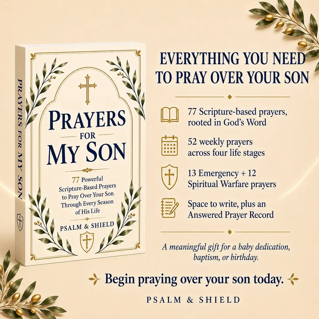 Prayers for My Son book with 77 scripture-based prayers, olive branch decor, ideal baby dedication gift