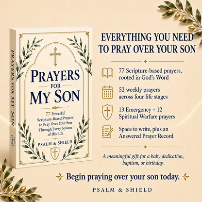 Prayers for My Son book with 77 scripture-based prayers, olive branch decor, ideal baby dedication gift