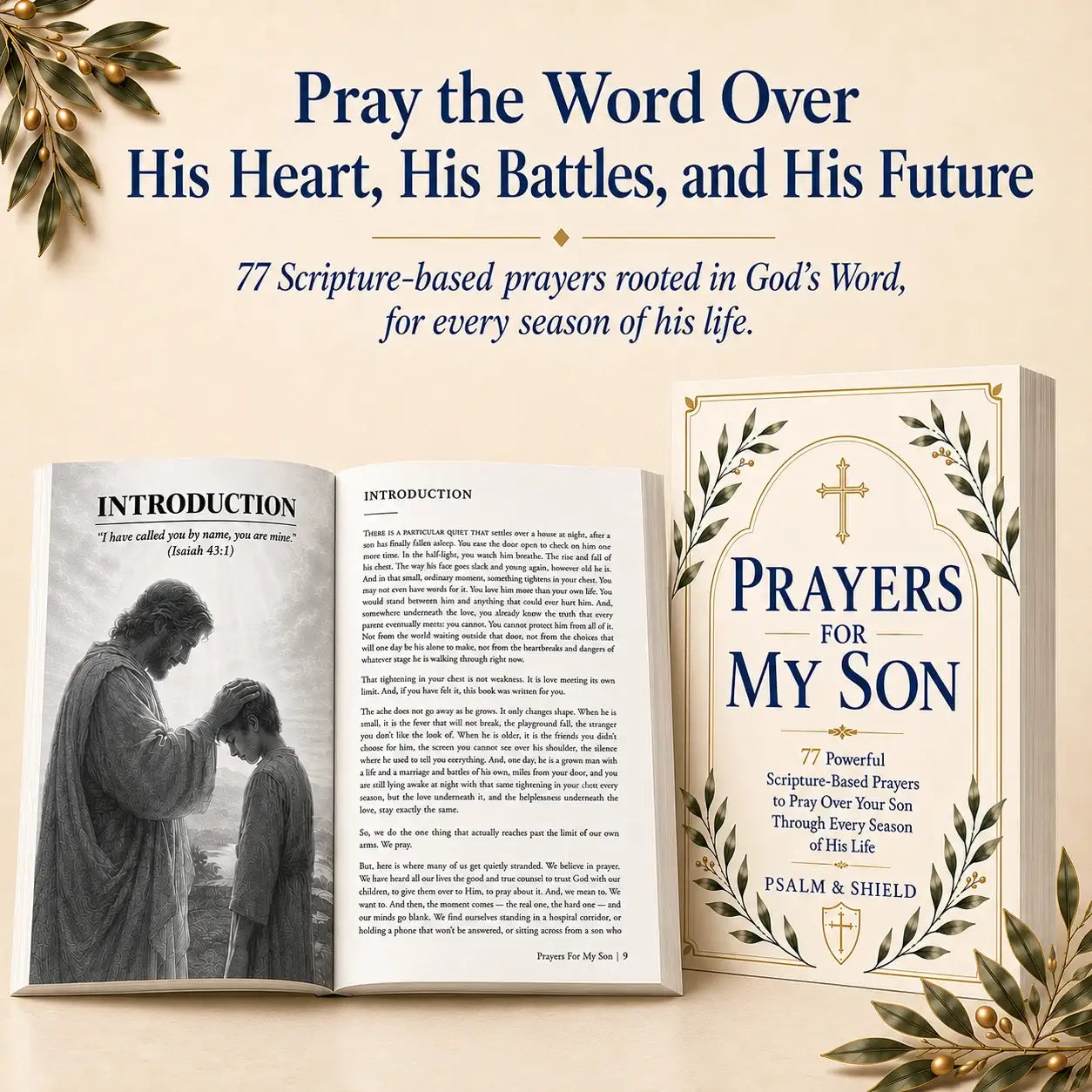 Prayers for My Son book with scripture-based prayers, open to introduction page featuring Jesus blessing a boy