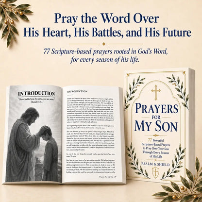 Prayers for My Son book with scripture-based prayers, open to introduction page featuring Jesus blessing a boy