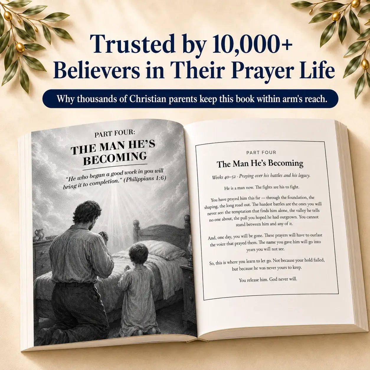 Open prayer book with father and son kneeling, scripture-based prayers for Christian parents, trusted by 10,000+ believers
