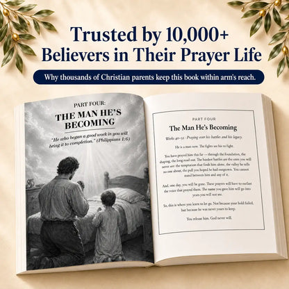 Open prayer book with father and son kneeling, scripture-based prayers for Christian parents, trusted by 10,000+ believers