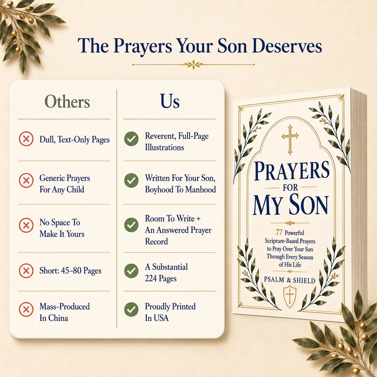 Prayers for My Son book with scripture-based prayers, full-page illustrations, 224 pages, printed in USA