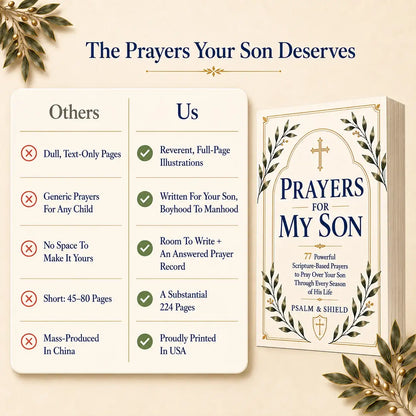 Prayers for My Son book with scripture-based prayers, full-page illustrations, 224 pages, printed in USA