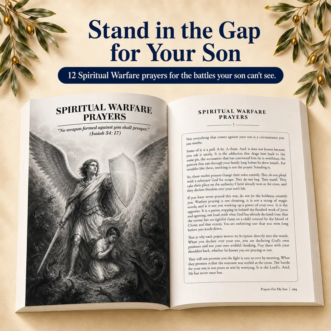 Open prayer book with angel illustration, spiritual warfare prayers for sons, Scripture-based guidance
