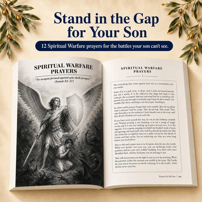 Open prayer book with angel illustration, spiritual warfare prayers for sons, Scripture-based guidance