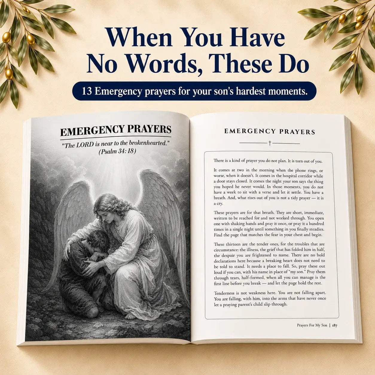 Open prayer book with angel comforting child, featuring emergency prayers from Scripture for hard times.