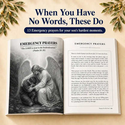Open prayer book with angel comforting child, featuring emergency prayers from Scripture for hard times.