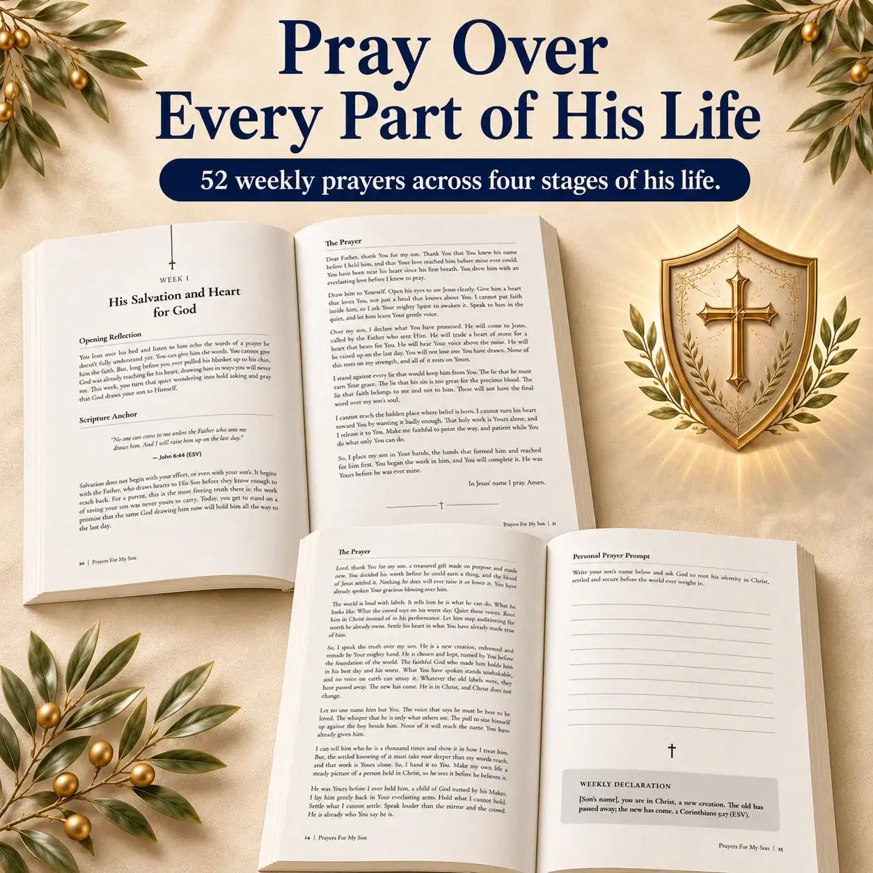 Scripture-based prayer book with 52 weekly prayers for family, featuring a shield and olive branches.