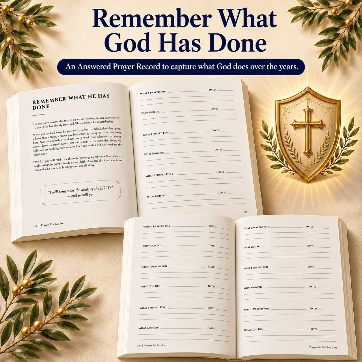 Scripture-based prayer journal with answered prayer record, golden cross shield, and olive branches for faith reflection