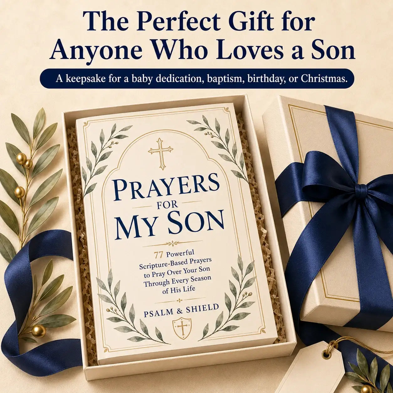 Prayers for My Son book with scripture-based prayers, gift boxed with navy ribbon and olive branches