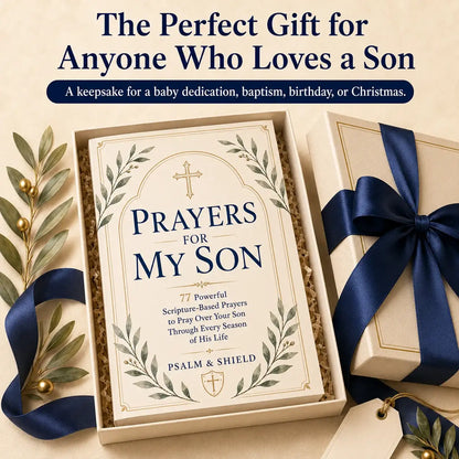 Prayers for My Son book with scripture-based prayers, gift boxed with navy ribbon and olive branches