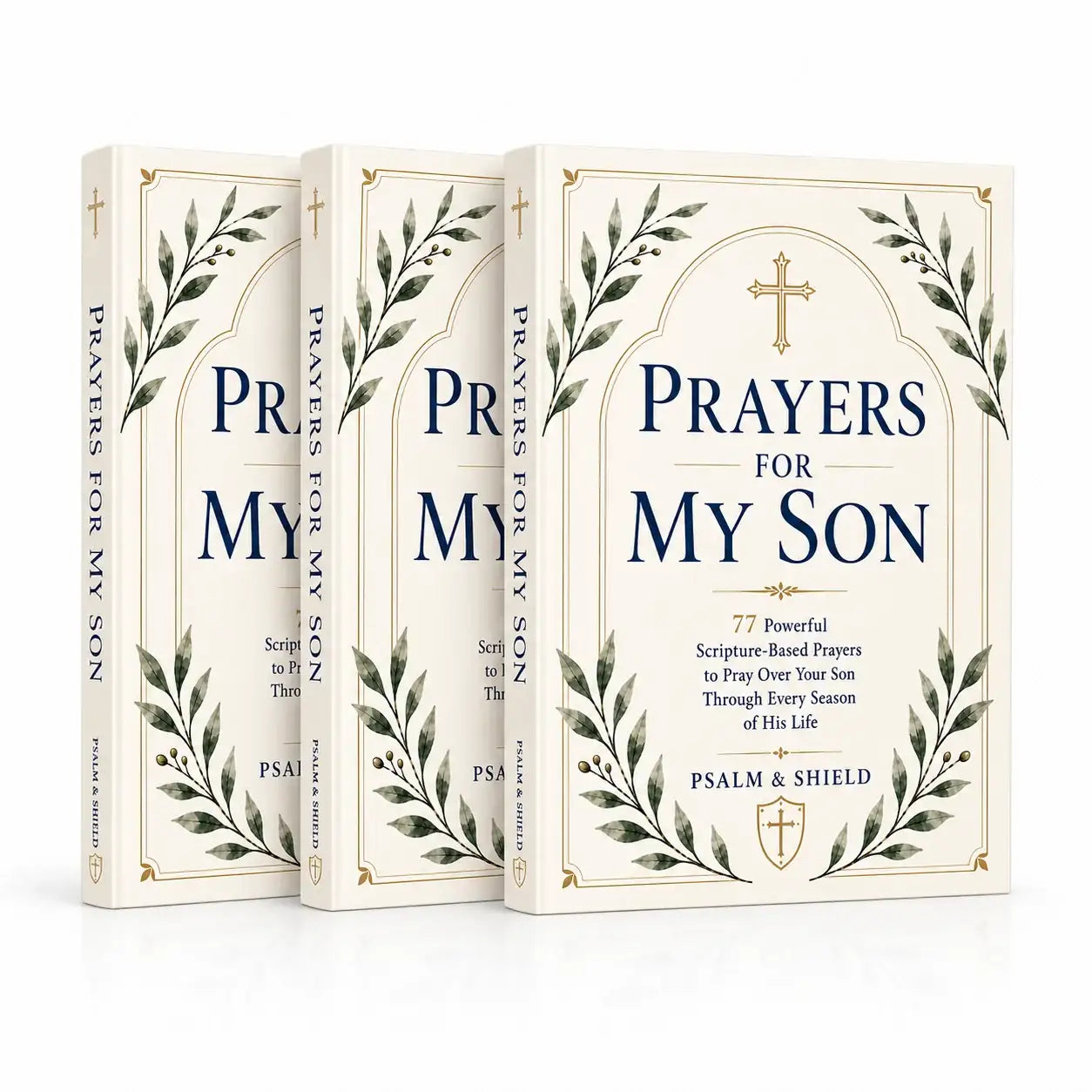 Prayers for My Son book with scripture-based prayers, olive branch design, and cross emblem