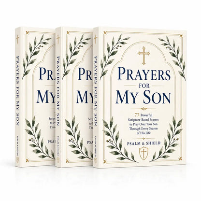Prayers for My Son book with scripture-based prayers, olive branch design, and cross emblem