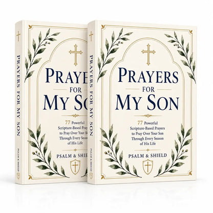 Prayers for My Son book with scripture-based prayers, gold cross, and leaf design