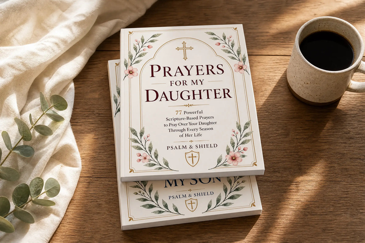 Prayers For My Daughter stacked on Prayers For My Son beside morning coffee