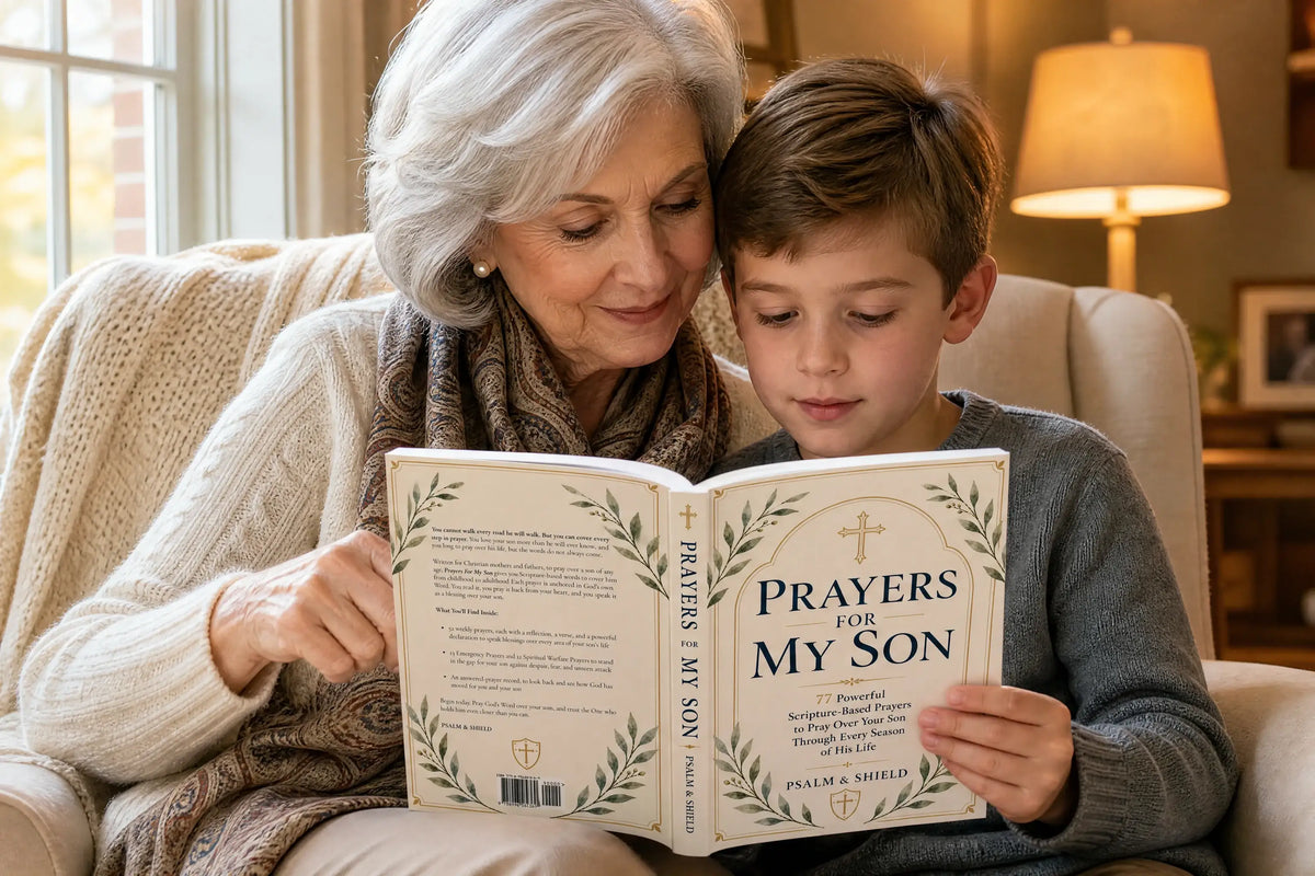 A grandmother reading Prayers For My Son with her grandson
