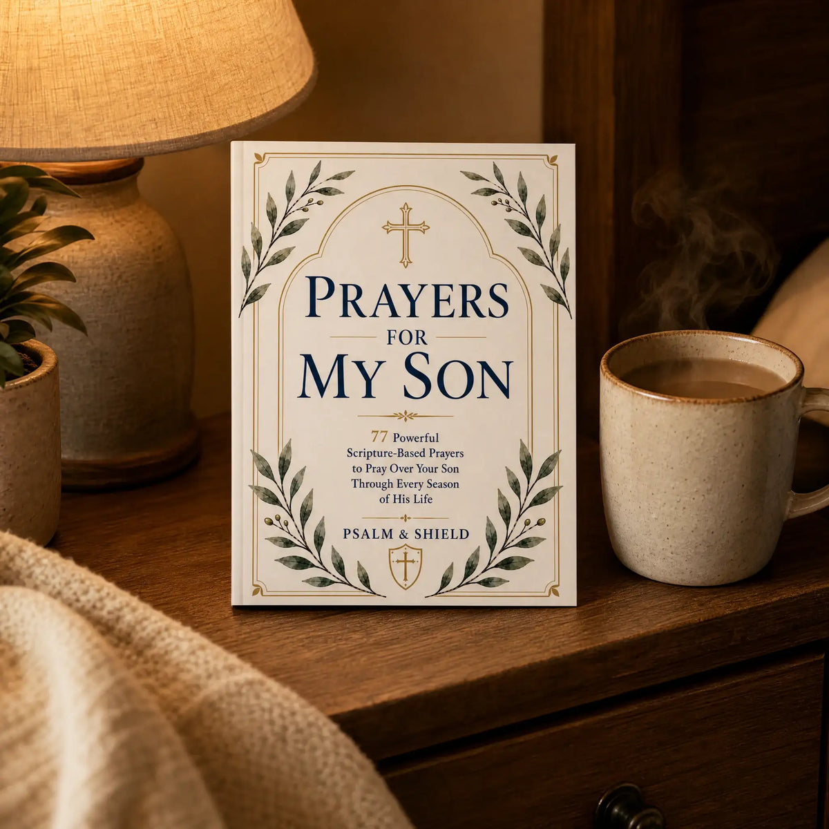 Prayers For My Son beside a steaming mug on a nightstand