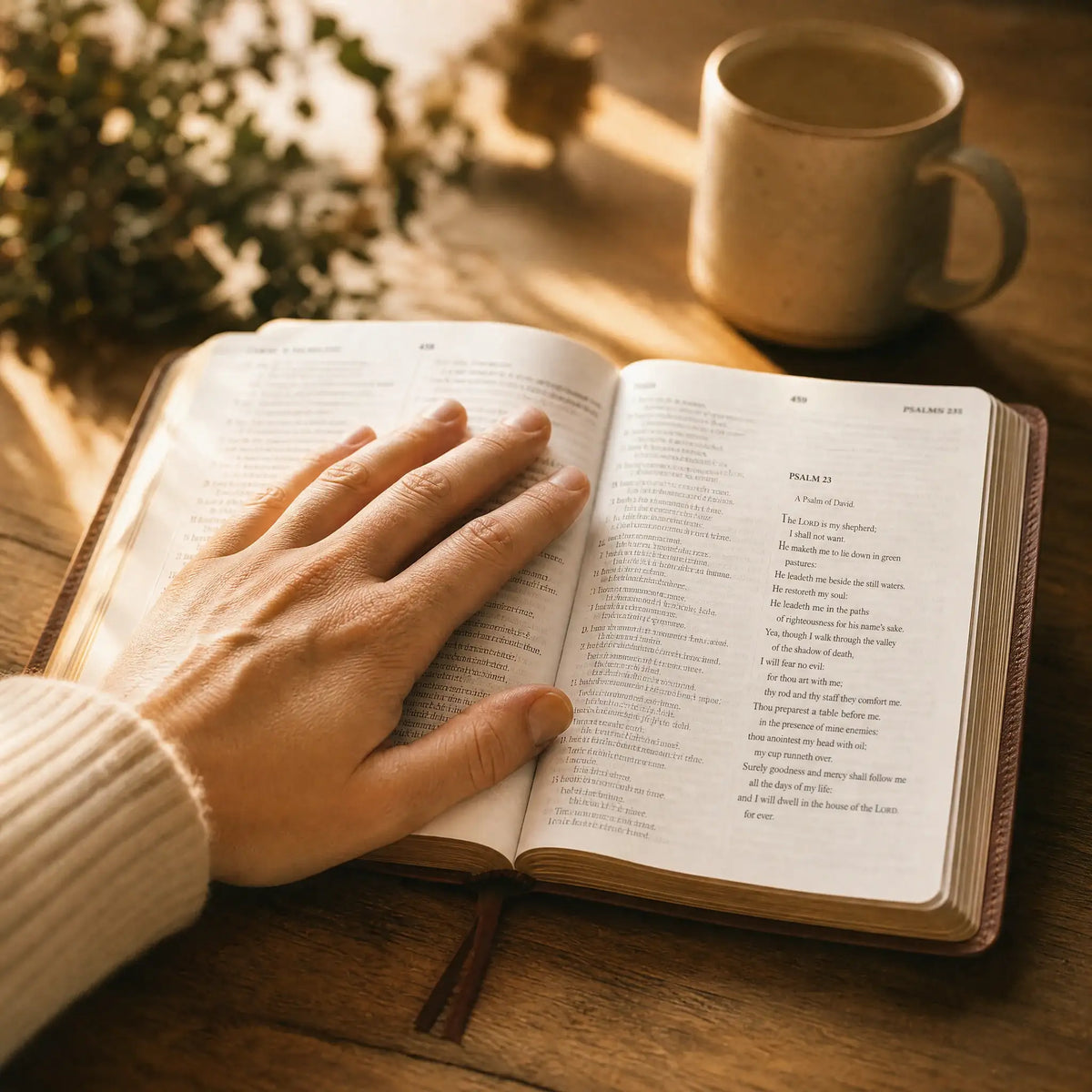 A hand resting on an open Bible in golden light