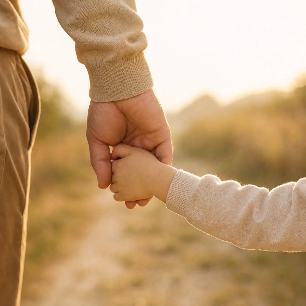 A father's hand holding his young son's hand