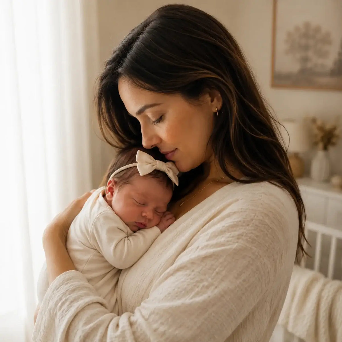 Mother tenderly holding newborn baby, symbolizing prayerful care and scripture-based blessings for family