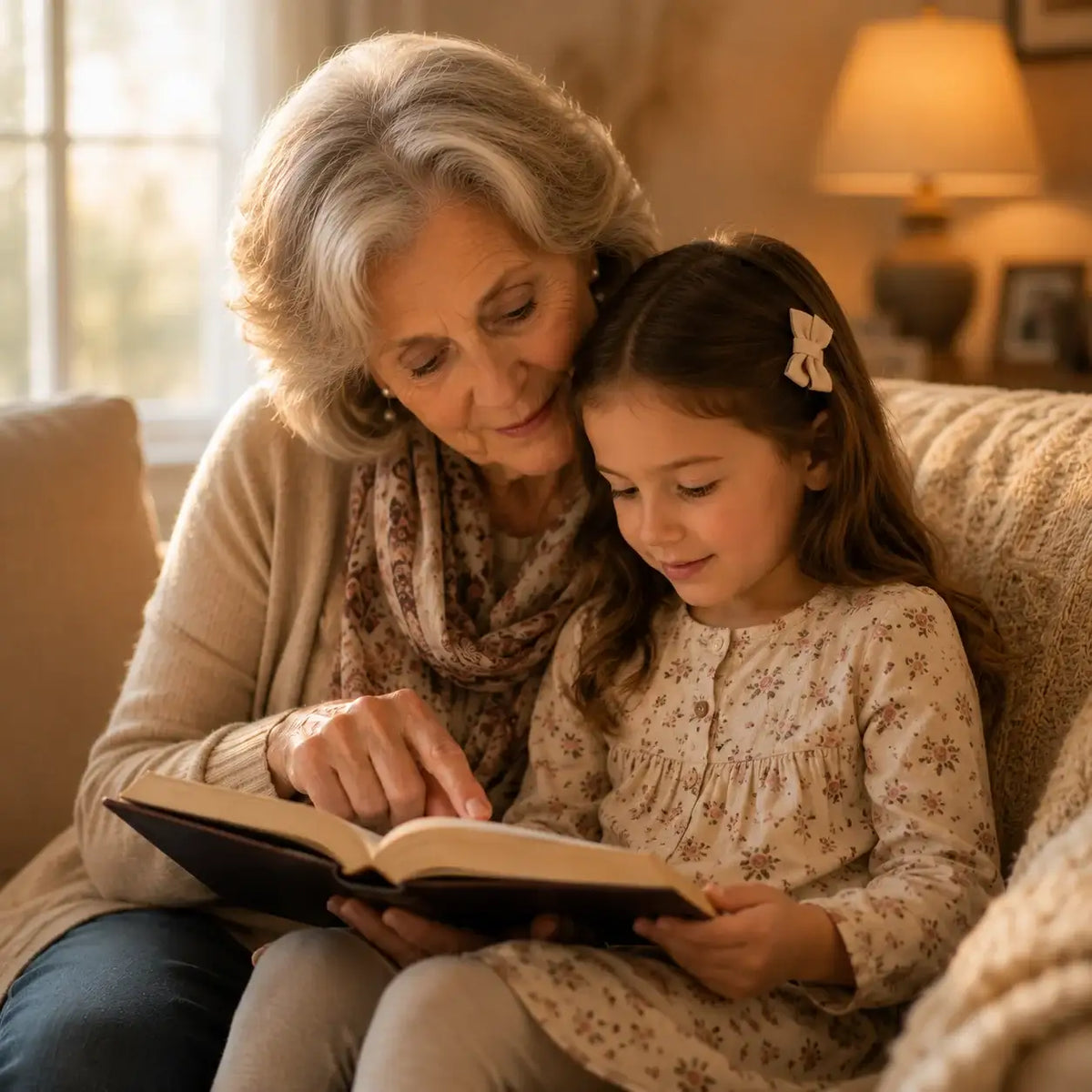 Grandmother and granddaughter reading Bible together, sharing scripture-based prayers at home