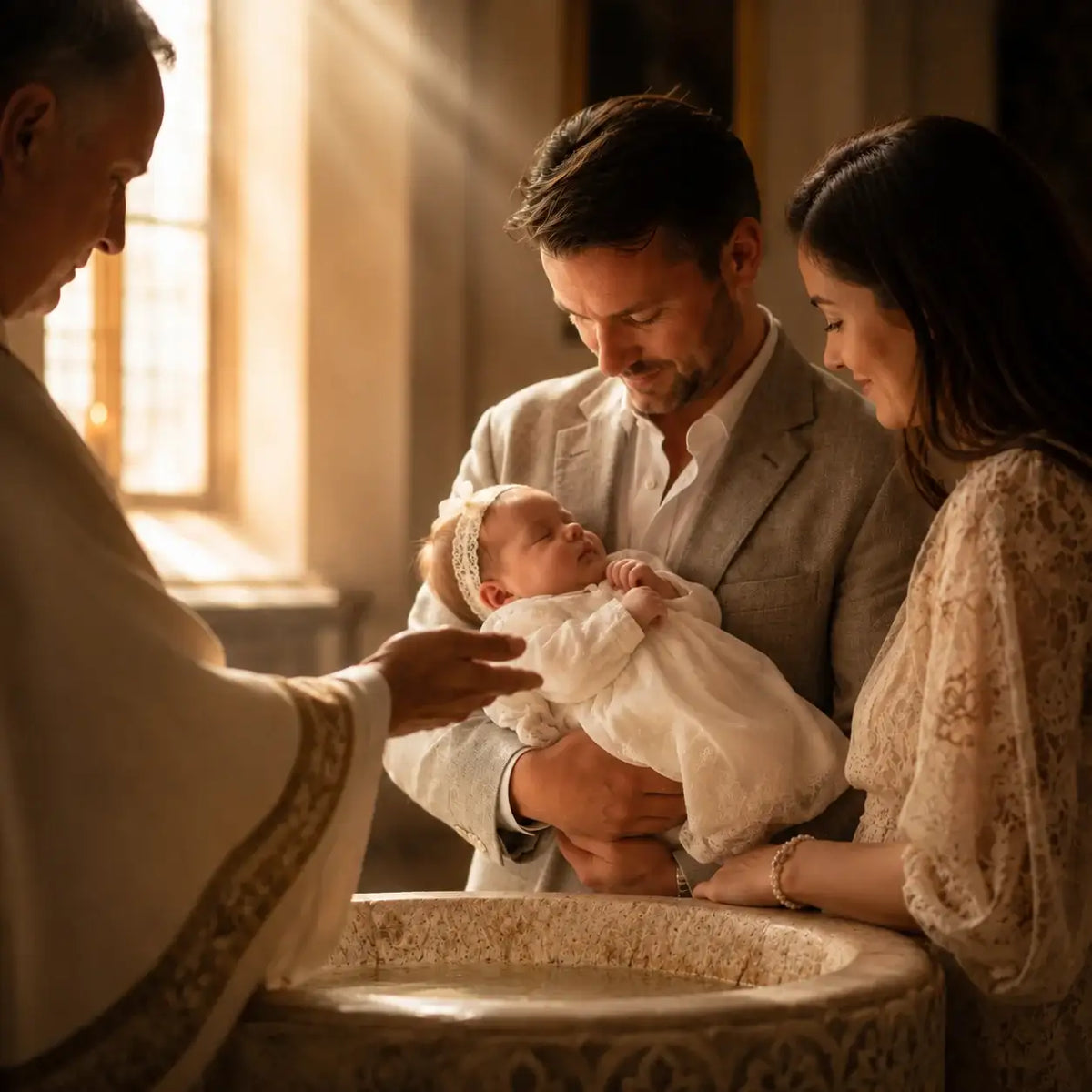 Family at baby baptism with priest, scripture-based prayer moment