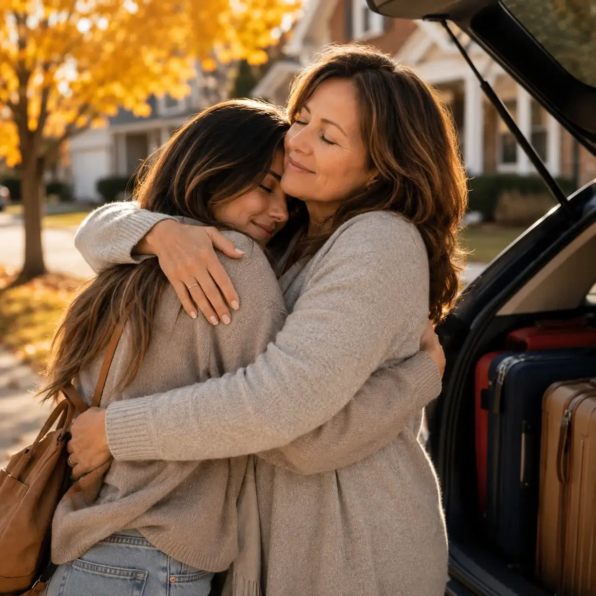Mother and daughter hugging warmly by car with luggage, autumn leaves glowing behind them
