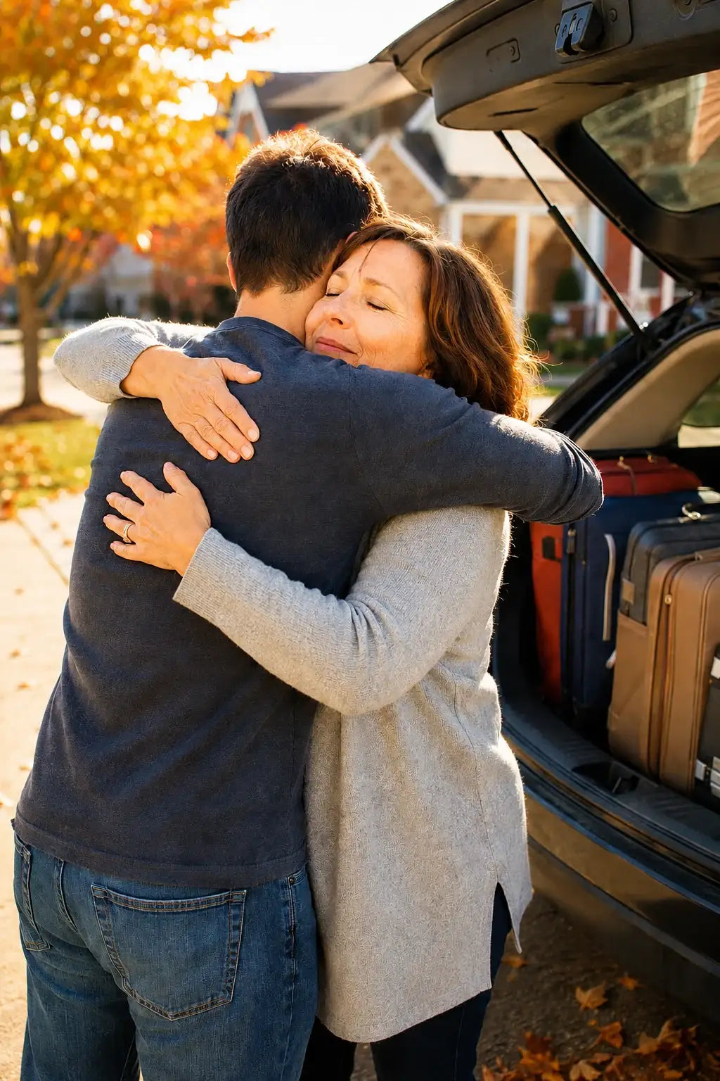 Mother hugging son by car trunk, autumn leaves, family farewell