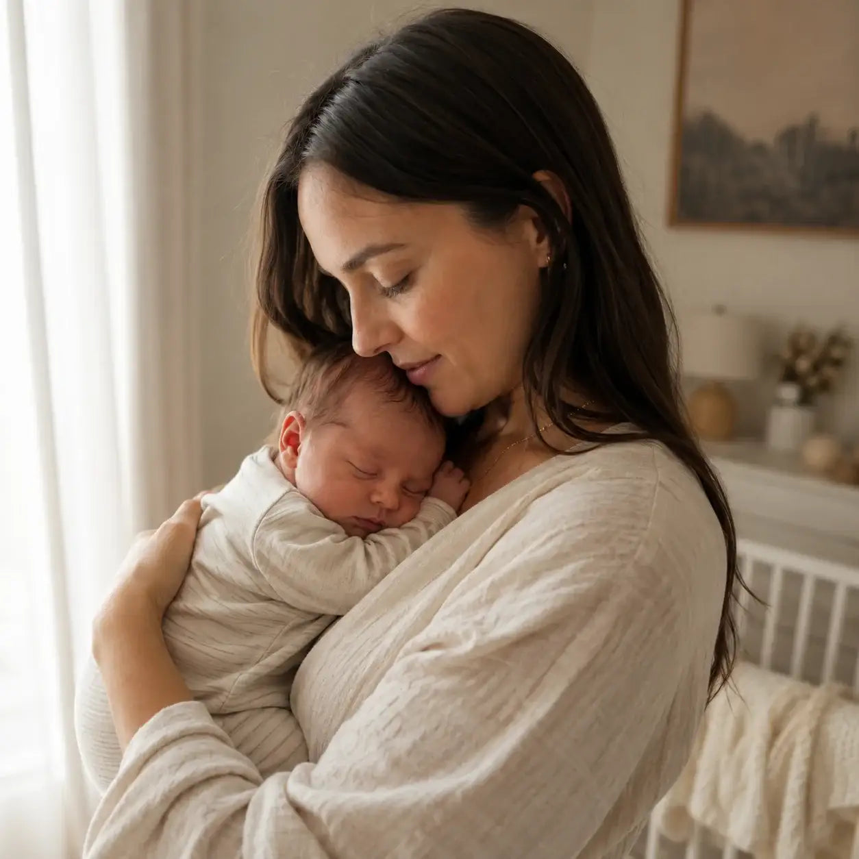 Mother gently holding newborn baby, peaceful nursery setting, scripture-based prayer for family