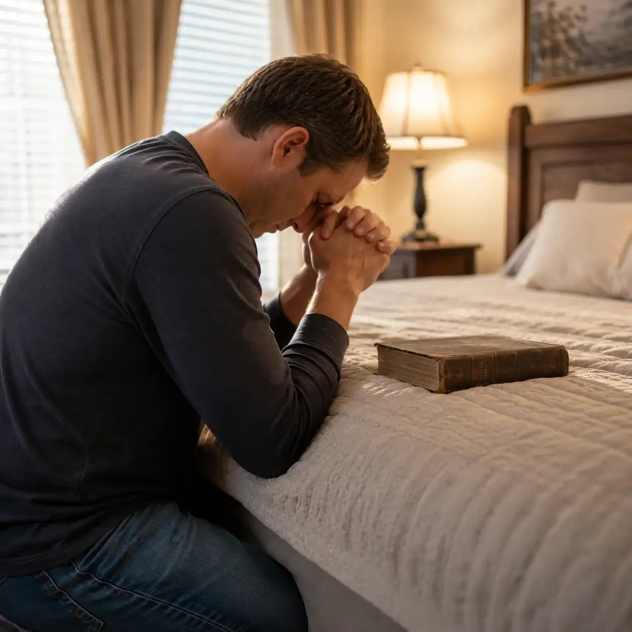 Man praying beside bed with Bible, seeking scripture-based prayer for family