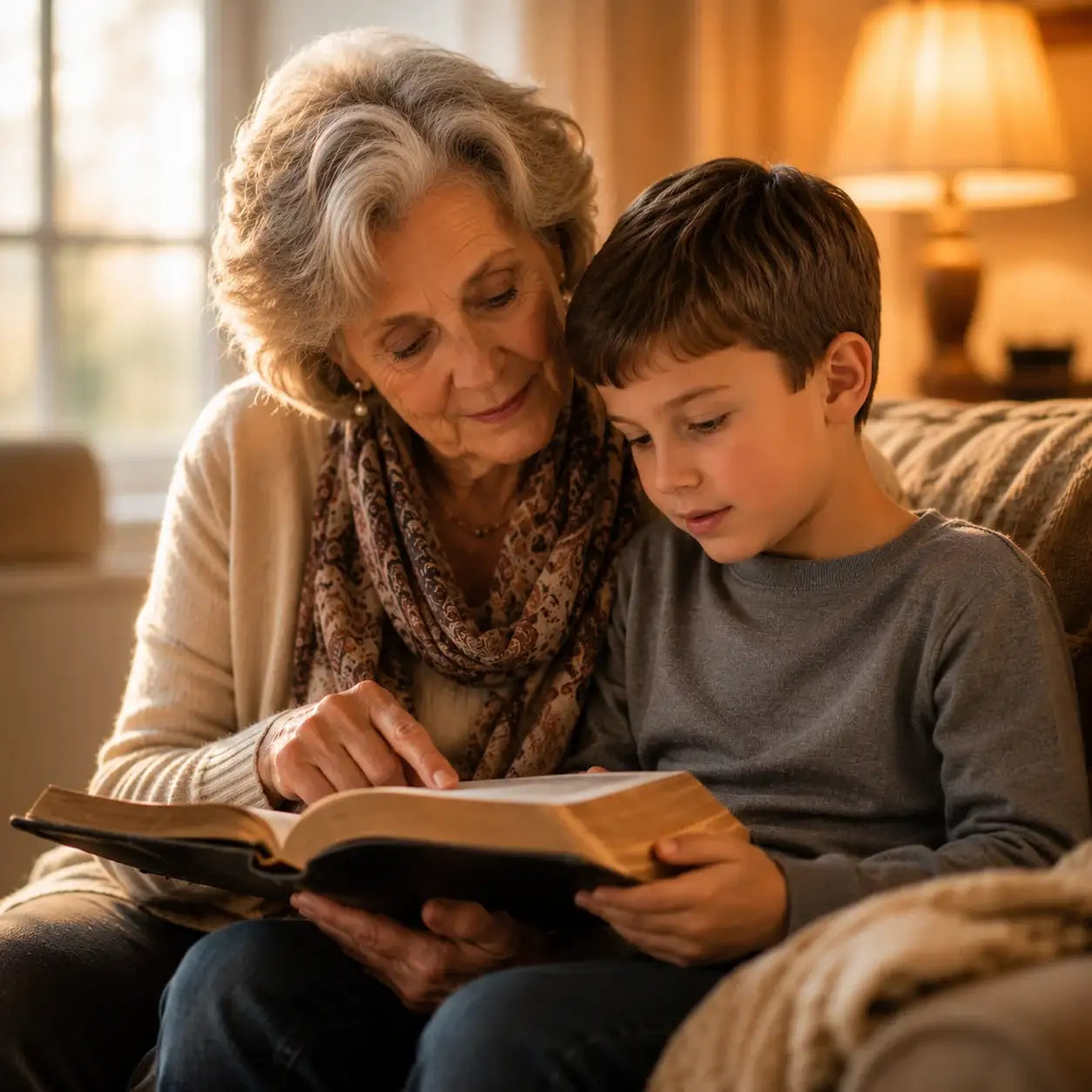 Grandmother and grandson reading Bible together, sharing scripture-based prayers at home