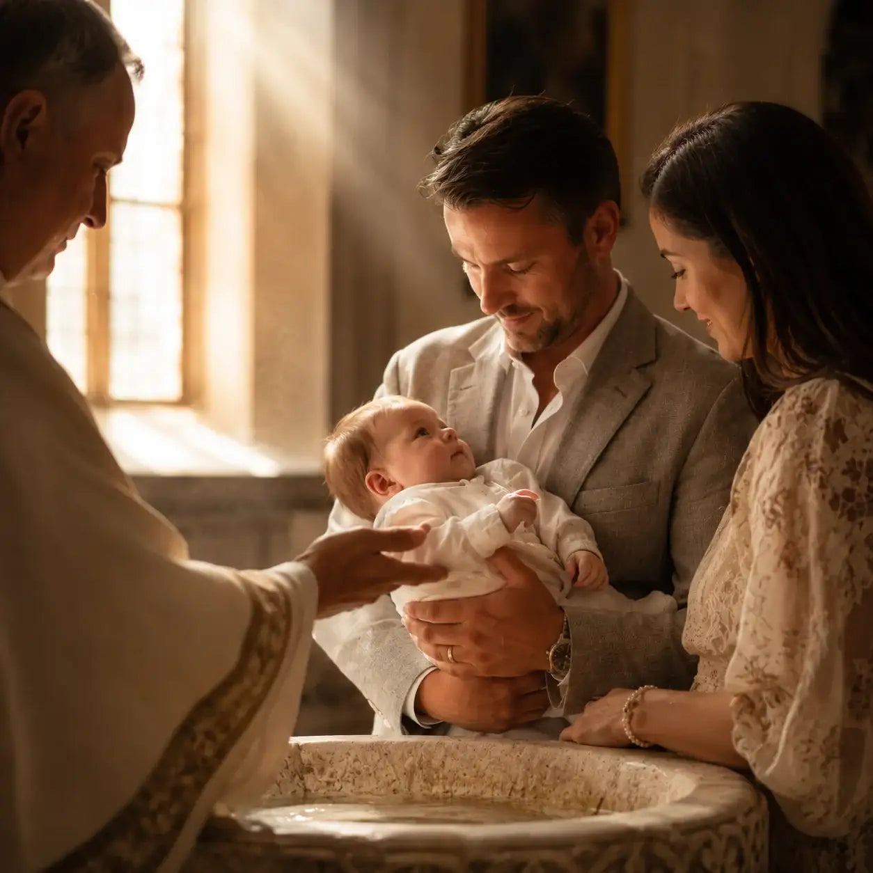 Family at baby baptism, parents holding infant near stone font, sunlight streaming through church window